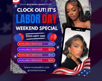 Labor Day Booking Flyer, Labor Day Special Labor Day Sale, Labor Day Deal, September Booking Flyer Hair Braids Makeup Nails Lash Wig Install