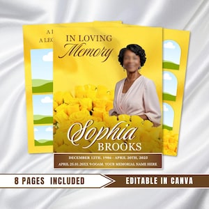 May include: A yellow memorial card design featuring a woman's portrait, the text "In Loving Memory," and the name "Sophia Brooks." The card includes dates and the phrase "Your Memorial Name Here." Additional text reads "8 Pages Included" and "Editable in Canva."