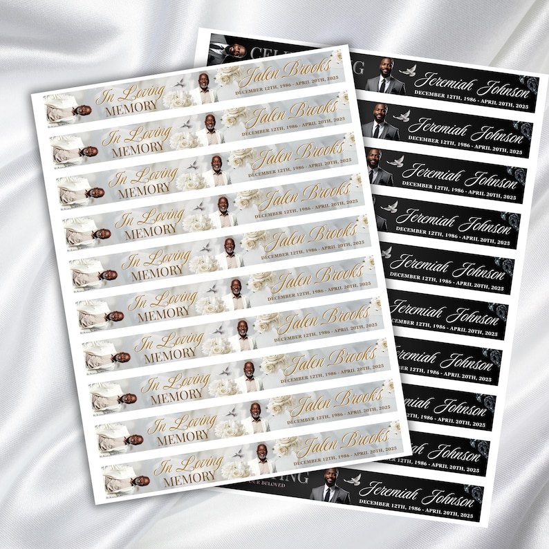 May include: Sheets of memorial labels with the text "In Loving Memory" and names like "Jalen Brooks" and "Jeremiah Johnson" printed on them. The labels feature floral and dove graphics, with dates of birth and death.