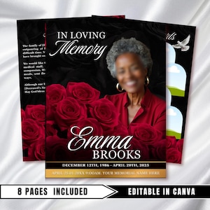 May include: A memorial card design featuring a blurred image of a woman in a red shirt, with red roses and the text "In Loving Memory." The card includes the name "Emma Brooks" and dates, with the text "8 Pages Included" and "Editable in Canva."