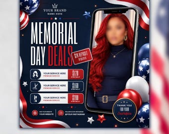 Flyer de reservas para o Memorial Day, Especial Memorial Day, Reservas em maio, Oferta exclusiva para o Memorial Day, Maquiagem, Cabelo, Cílios, Unhas, Editável no Canva