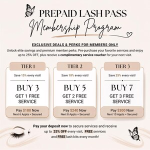 Pode incluir: Um folheto do programa de ades&atilde;o Prepaid Lash Pass com tr&ecirc;s n&iacute;veis. O n&iacute;vel 1 oferece 15% de desconto, compre 3 e ganhe 1 gr&aacute;tis por $180. O n&iacute;vel 2 oferece 18% de desconto, compre 5 e ganhe 2 gr&aacute;tis por $240. Inclui gr&aacute;ficos de borboletas.