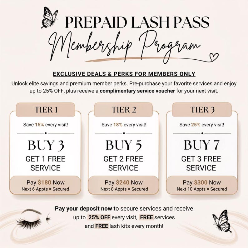 Pode incluir: Um folheto do programa de ades&atilde;o Prepaid Lash Pass com tr&ecirc;s n&iacute;veis. O n&iacute;vel 1 oferece 15% de desconto, compre 3 e ganhe 1 gr&aacute;tis por $180. O n&iacute;vel 2 oferece 18% de desconto, compre 5 e ganhe 2 gr&aacute;tis por $240. Inclui gr&aacute;ficos de borboletas.