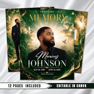 Può includere: Un modello di programma funebre con il ritratto di un uomo in abito nero su un cielo verde con nuvole e colombe bianche. Il testo recita IN LOVING MEMORY OF Marcus Johnson, May 20, 1988 - June 10, 20XX, e FOREVER IN OUR HEARTS.