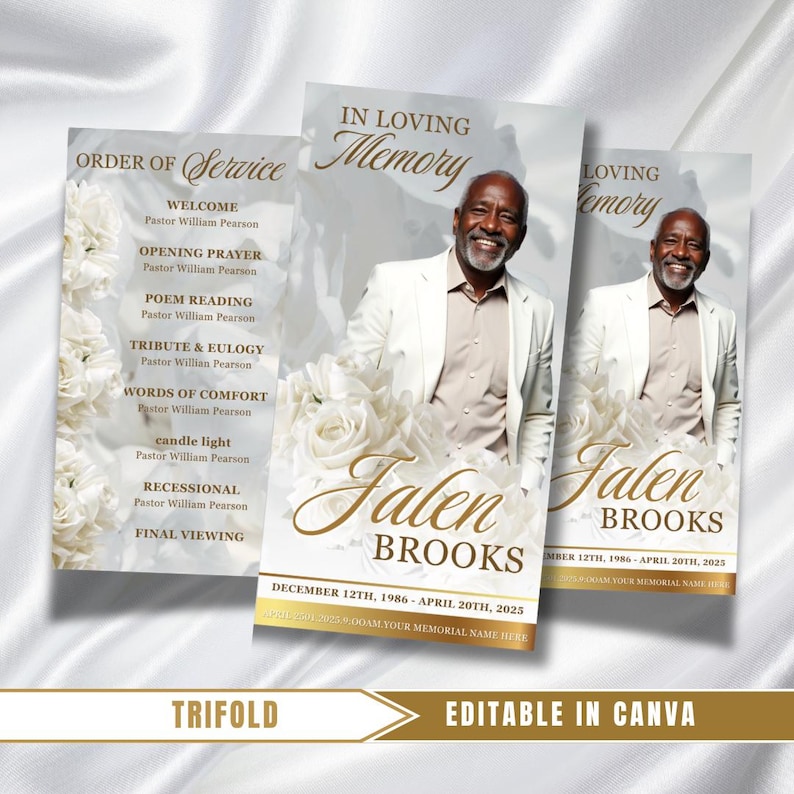 May include: A trifold memorial service program with a photo of a smiling man in a white suit. The program includes the text "In Loving Memory" and "Jalen Brooks". The program also includes the dates December 12th, 1986 - April 20th, 2025.