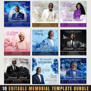 May include: A bundle of 10 editable memorial templates. Each template features a portrait, floral accents, and text such as "In Loving Memory" or "Celebrating." The templates are designed with various color schemes, including blue, purple, and pink.