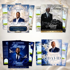 May include: A collection of four funeral program templates featuring portraits of individuals, floral accents, and doves. Each card displays text such as In Loving Memory, Celebrating a Beautiful Life, and names like John J. Dillinger, Adam Noah, Daniel Gabriel, and David William.