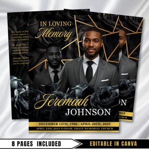 Black Gold Funeral Program, 4 Page 8.5&quot; X 11&quot; Bifold Funeral Program Memorial Program Celebration Of Life Program In Loving Memory Orbituary