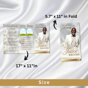 May include: A memorial service program with a photo of Jalen Brooks, white floral accents, and gold text. The program is 17" x 11" unfolded and 5.7" x 11" folded. The text includes "In Loving Memory" and service details.