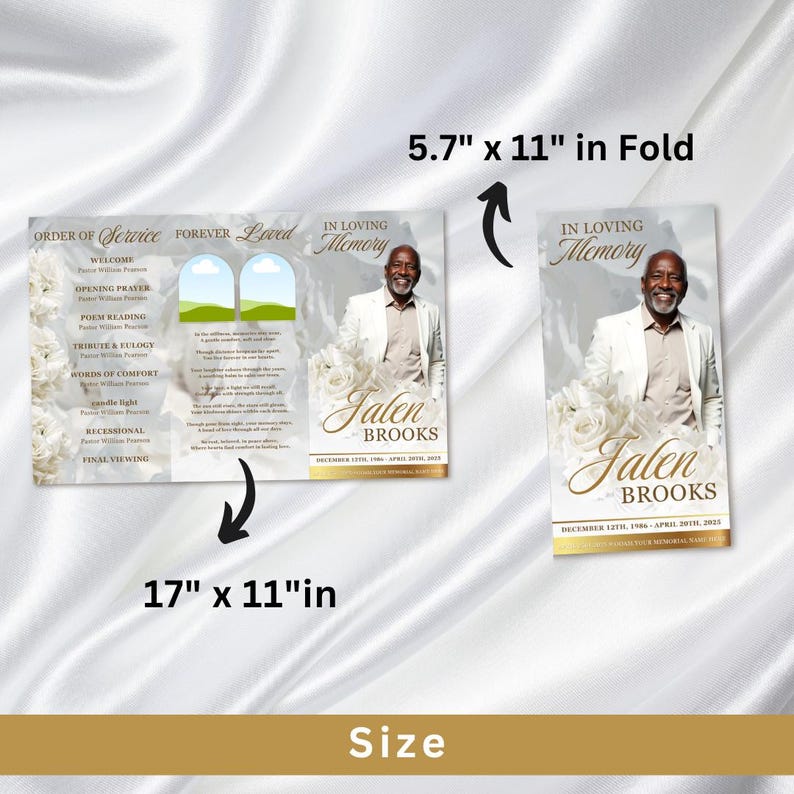 May include: A memorial service program with a photo of Jalen Brooks, white floral accents, and gold text. The program is 17" x 11" unfolded and 5.7" x 11" folded. The text includes "In Loving Memory" and service details.