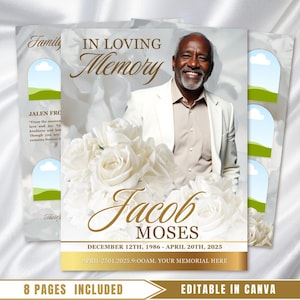 May include: A memorial card design with a photograph of a smiling man in a white suit, with the words "In Loving Memory" and the name "Jacob Moses." The design includes white roses and the dates December 12th, 1986 - April 20th, 2025. The text "8 Pages Included" is also visible.