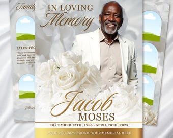 White Gold Roses Funeral Program Template: 8-Page Memorial (Canva PDF)