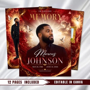 May include: A funeral program template featuring a portrait of a man in a black suit against a red sky with clouds and white doves. Text includes IN LOVING MEMORY OF, Marcus JOHNSON, MAY 20, 1988, JUNE 10, 20XX, and 12 PAGES INCLUDED EDITABLE IN CANVA.