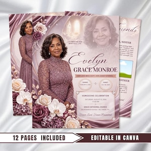 May include: A funeral program template featuring a portrait of a person in a mauve beaded dress, surrounded by mauve and white roses and orchids. The text reads Evelyn Grace Monroe, Homegoing Celebration, and includes sunrise and sunset dates.