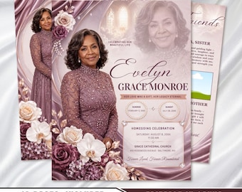 May include: A funeral program template featuring a portrait of a person in a mauve beaded dress, surrounded by mauve and white roses and orchids. The text reads Evelyn Grace Monroe, Homegoing Celebration, and includes sunrise and sunset dates.