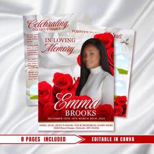 May include: A memorial card design featuring a woman's image, red roses, and the text "In Loving Memory." The card includes the name "Emma Brooks" and dates, with additional text and a Canva editing option.