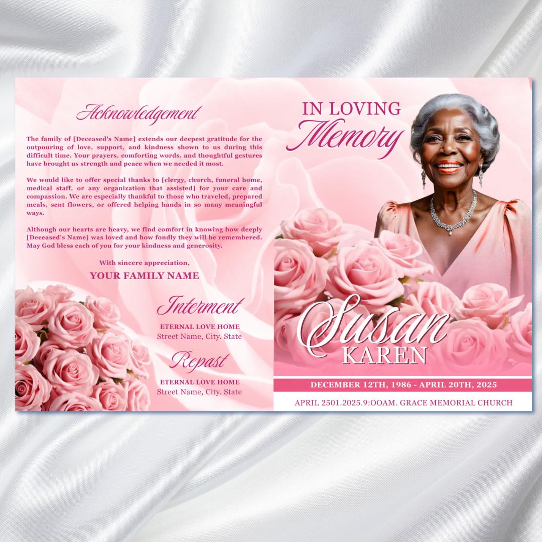 Pink Roses Funeral Program Template: 8-page Memorial, Celebration of ...
