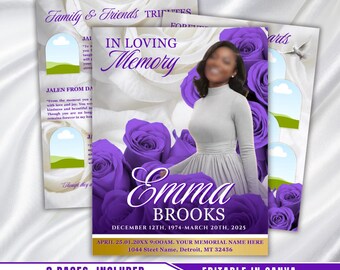 Purple Roses Funeral Program Template: 8-Page Memorial Obituary (Canva Editable, Digital Download)