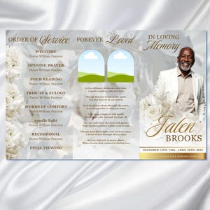 May include: A memorial service program with a photograph of a smiling man. The program features floral accents, the words "Order of Service," and "In Loving Memory." The deceased's name and dates are also included.