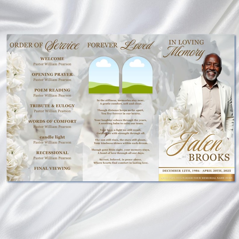 May include: A memorial service program with a photograph of a smiling man. The program features floral accents, the words "Order of Service," and "In Loving Memory." The deceased's name and dates are also included.