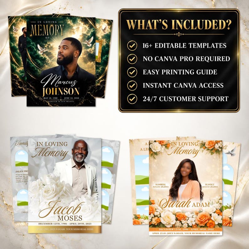 May include: A collection of funeral program templates featuring three distinct designs with portraits of individuals, floral accents, and gold text. A black sign lists features including 16+ editable templates, no Canva Pro required, an easy printing guide, instant access, and 24/7 customer support.
