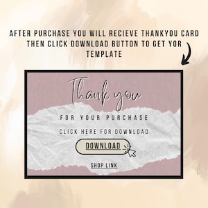 Puede incluir: Un dise&ntilde;o de tarjeta de agradecimiento digital con un efecto de papel rasgado rosa y blanco. La tarjeta dice "Gracias por tu compra" e incluye un bot&oacute;n "Descargar" y un bot&oacute;n "Enlace de la tienda". Tambi&eacute;n se incluye el texto "Despu&eacute;s de la compra, recibir&aacute; una tarjeta de agradecimiento, luego haga clic en el bot&oacute;n de descarga para obtener su plantilla".