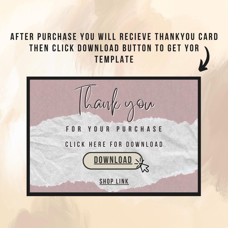 Puede incluir: Un dise&ntilde;o de tarjeta de agradecimiento digital con un efecto de papel rasgado rosa y blanco. La tarjeta dice "Gracias por tu compra" e incluye un bot&oacute;n "Descargar" y un bot&oacute;n "Enlace de la tienda". Tambi&eacute;n se incluye el texto "Despu&eacute;s de la compra, recibir&aacute; una tarjeta de agradecimiento, luego haga clic en el bot&oacute;n de descarga para obtener su plantilla".