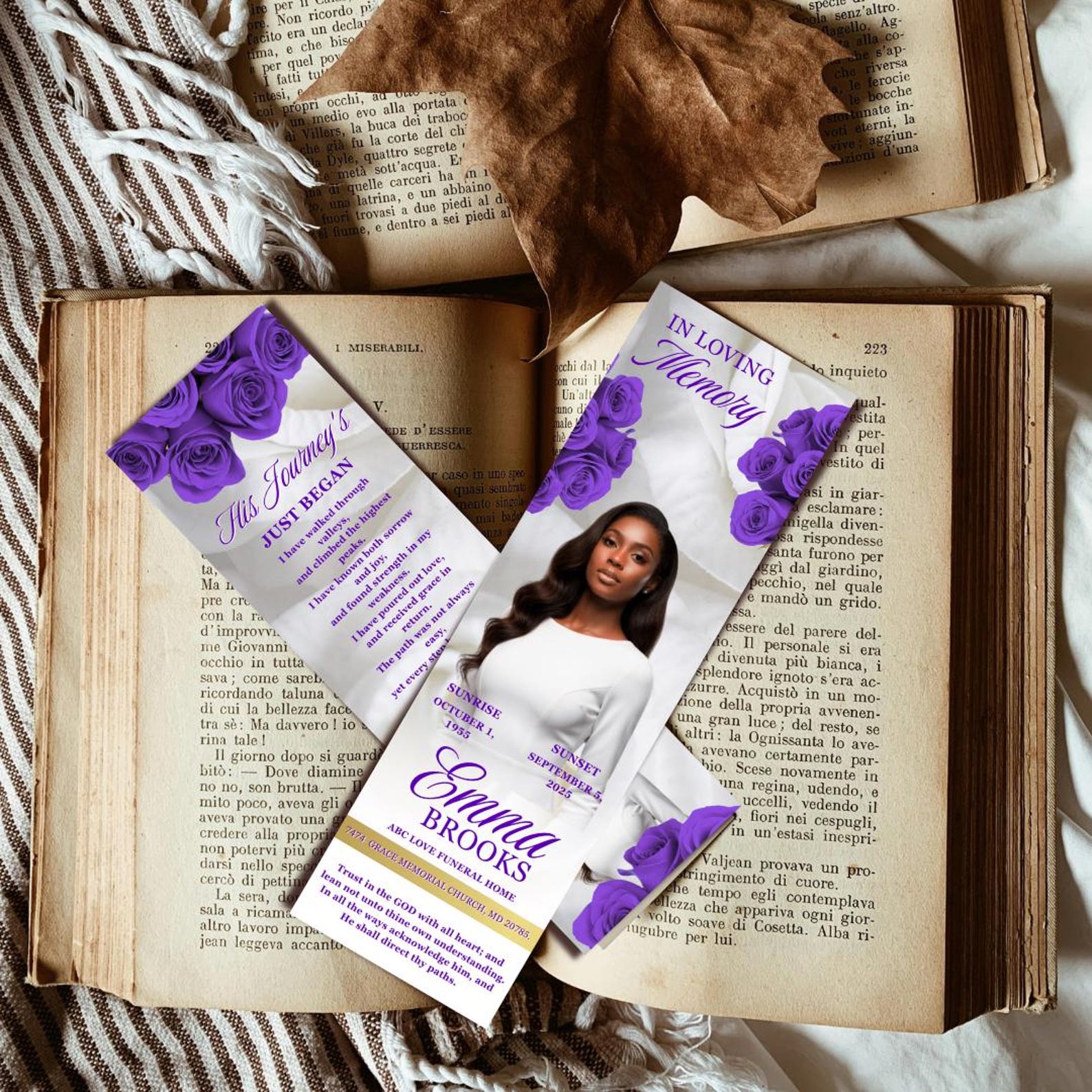 Purple Bookmark Example Purple Roses Memorial Bookmark Template: Funeral Keepsake (canva PDF ...