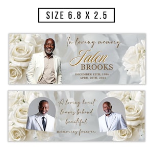 Puede incluir: Dos pancartas conmemorativas con un fondo floral y una foto de un hombre. La pancarta superior dice "In loving memory Jalen Brooks" con fechas. La pancarta inferior dice "A loving heart leaves behind beautiful memories forever."