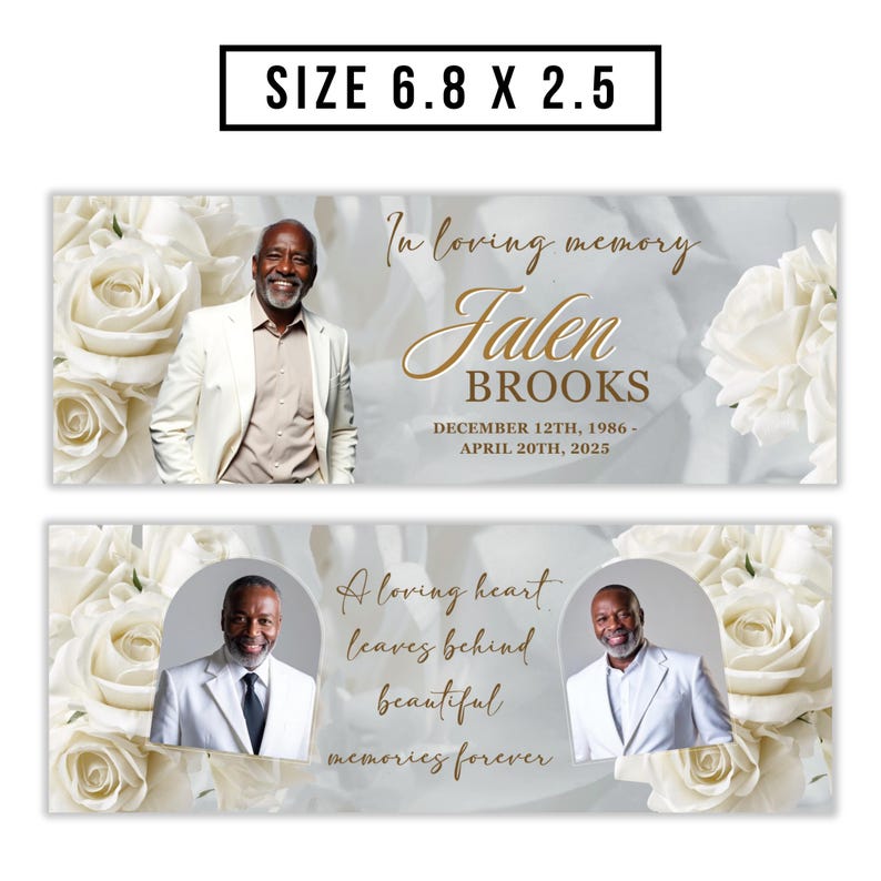 Puede incluir: Dos pancartas conmemorativas con un fondo floral y una foto de un hombre. La pancarta superior dice "In loving memory Jalen Brooks" con fechas. La pancarta inferior dice "A loving heart leaves behind beautiful memories forever."