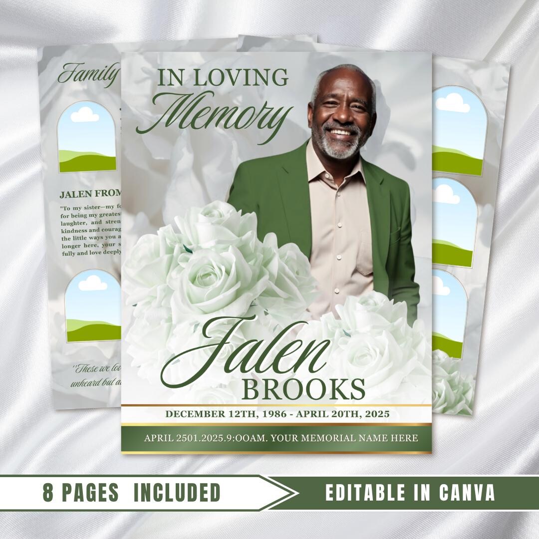 White & Green Roses Funeral Program Template: 8-page Memorial (canva ...