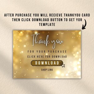 May include: A digital thank you card template with a gold bokeh background. The text reads: AFTER PURCHASE YOU WILL RECIEVE THANKYOU CARD THEN CLICK DOWNLOAD BUTTON TO GET YOR TEMPLATE, Thank you, FOR YOUR PURCHASE, CLICK HERE FOR DOWNLOAD, DOWNLOAD, SHOP LINK.