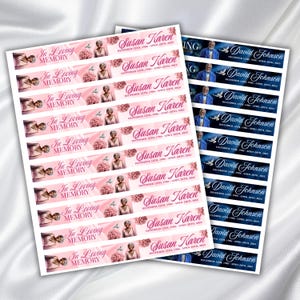 May include: Sheets of memorial stickers with text reading "In Loving Memory" and names like "Susan Karen" and "David Johnson." The stickers feature images of people, flowers, and doves, with pink and blue backgrounds.