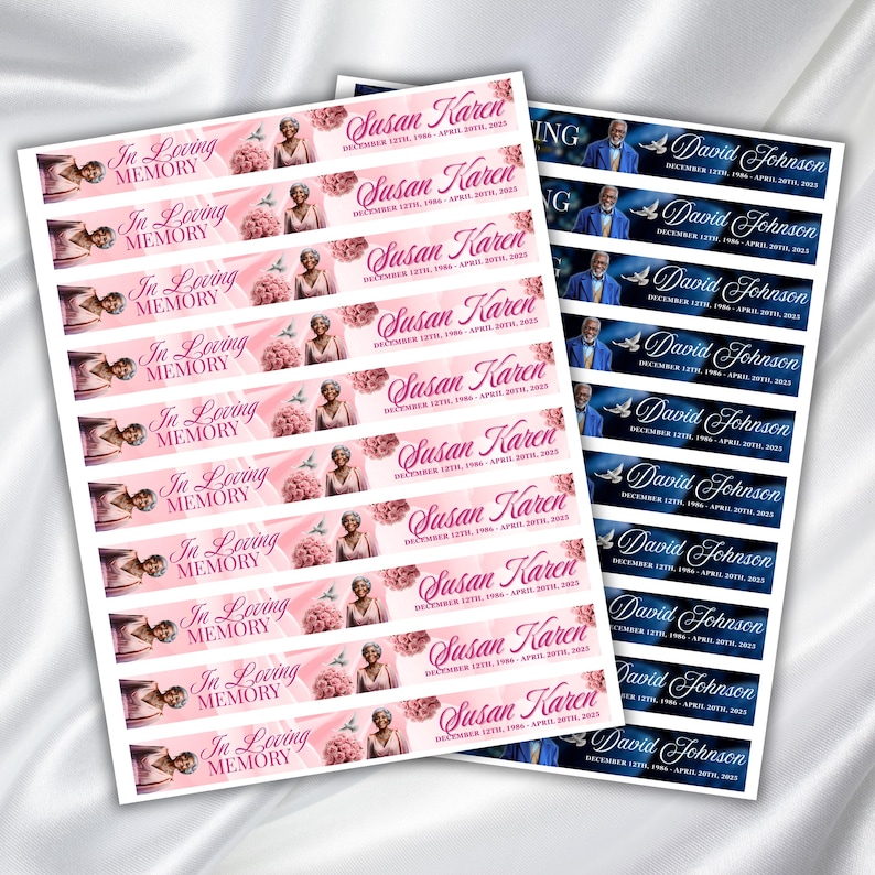 May include: Sheets of memorial stickers with text reading "In Loving Memory" and names like "Susan Karen" and "David Johnson." The stickers feature images of people, flowers, and doves, with pink and blue backgrounds.