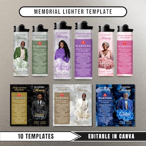 Könnte beinhalten: Eine Sammlung von Gedenkfeuerzeugvorlagen mit verschiedenen Designs. Jedes Feuerzeug zeigt ein Porträt, die Worte „In Loving Memory“ und ein Warnetikett. Die Vorlagen enthalten Namen wie Jaden Brooks, Sophia Brooks und David Brooks. Der Text „10 Templates“ und „Editable in Canva“ sind ebenfalls vorhanden.