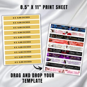 May include: An A4 print sheet with labels, each 2.24 cm tall. The labels feature memorial designs with names and dates. The text "DRAG AND DROP YOUR TEMPLATE" is also visible.