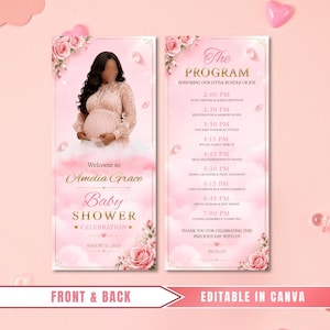May include: A two-sided baby shower program template in shades of pink and gold. The front features a pregnant person, pink roses, and the text Welcome to Amelia Grace Baby Shower Celebration August 11, 2025. The back lists a schedule of events.