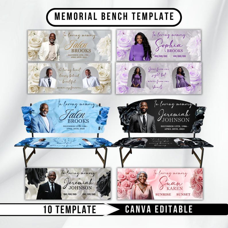 Banco conmemorativo: 10 plantillas de Canva editables, diseño de rosas, celebración de la vida (archivo PDF) imagen 1