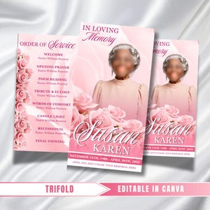 Pink Roses Funeral Program: Trifold Memorial Template (17x11 Canva Template)
