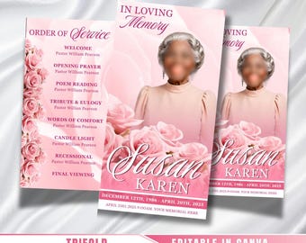 Pink Roses Funeral Program: Trifold Memorial Template (17x11 Canva Template)