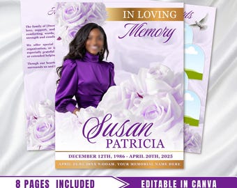 Purple Roses Funeral Program Template: 8-Page Memorial Obituary (Canva Editable, Digital Download)