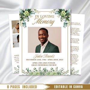 Greenery Funeral Program Template: Editable Memorial, Celebration of Life (PDF Download)