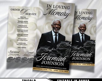 Puede incluir: Una tarjeta conmemorativa tríptica con una foto de un hombre sonriente con un traje negro, con el texto "In Loving Memory" en la parte superior. La tarjeta incluye el nombre "Jeremiah Johnson" y fechas, con rosas negras en la parte inferior.