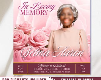 Pink Funeral Announcement Flyer: Editable Canva Template (Digital Download)