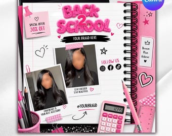 May include: A digital template featuring a spiral-bound notebook design with pink accents, text reading BACK 2 SCHOOL, two photo frames with images of individuals with long dark hair, a pink calculator, a pink pencil, and social media icons.