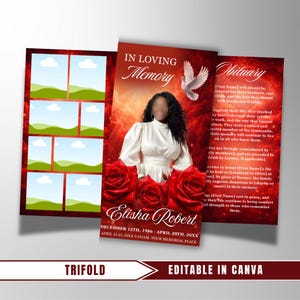 May include: A red and white trifold memorial template with space for photos, the words "In Loving Memory" and "Obituary". The design includes a dove, roses, and the text "Editable in Canva". The name "Elisha Robert" is also displayed.