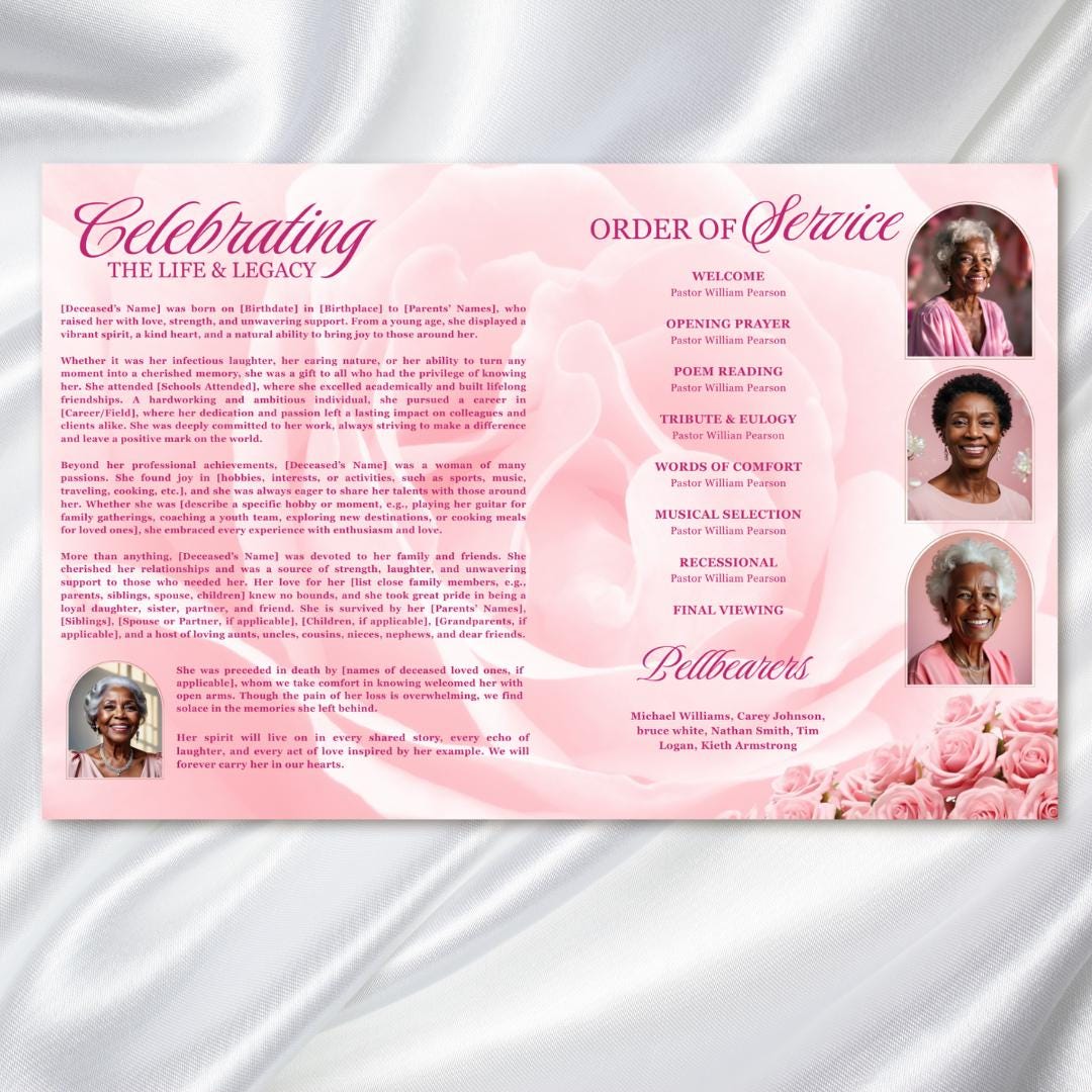 Pink Roses Funeral Program Template: 8-page Memorial, Celebration of ...