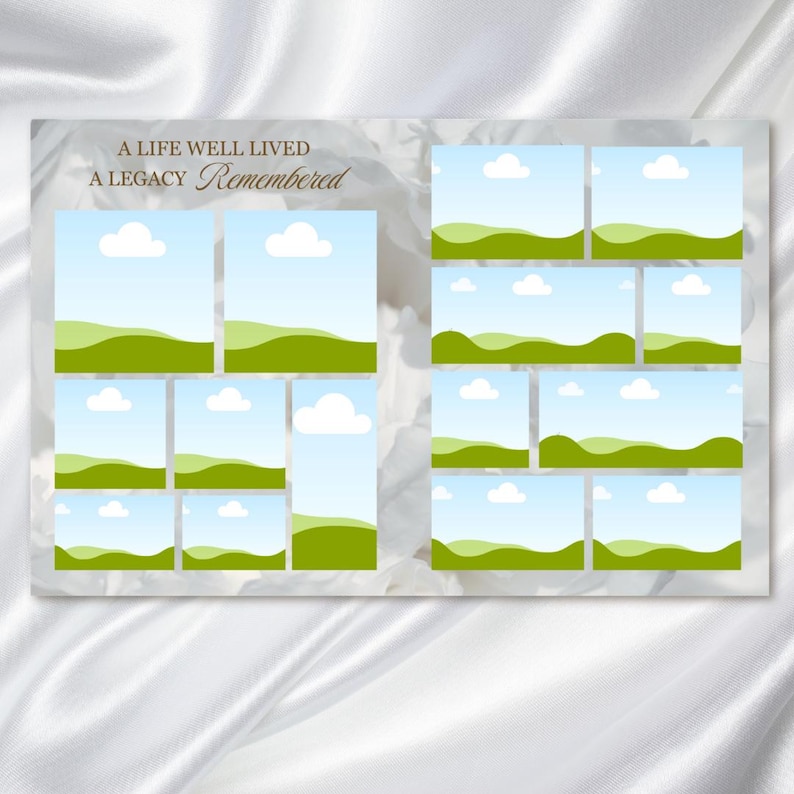 以下が含まれることがあります： 柔らかい花柄の背景を持つ、記念写真のコラージュ。 コラージュは、緑の丘、青い空、白い雲の風景デザインを持つ複数の長方形の写真プレースホルダーを備えています。 テキスト「A LIFE WELL LIVED, A LEGACY Remembered」が上部にあります。