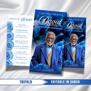 May include: A trifold memorial program featuring a portrait of a smiling man in a blue coat. The design includes blue floral accents and the text "A Loving Farewell" with the name "David Johnson" and dates. The left panel lists the order of service.