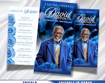 Blue Roses Funeral Program Template: Trifold Memorial (Canva Template)
